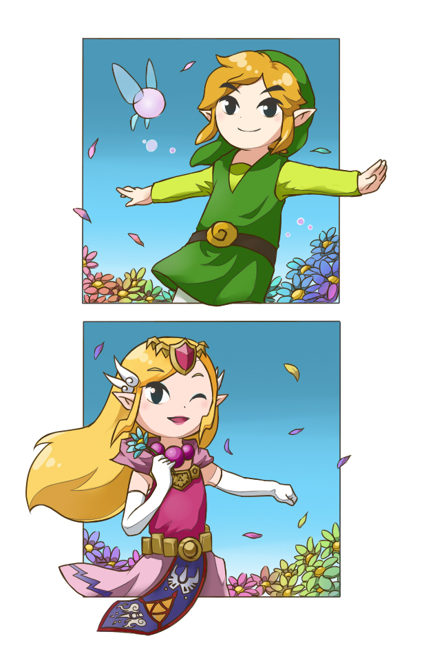 shie (jackmarumaru), link, princess zelda, toon link, toon zelda, nintendo, the legend of zelda, the legend of zelda: the wind waker, 1boy, 1girl, blonde hair, elbow gloves, fairy, flower, gloves, hat, long hair, one eye closed, pointy ears, smile, tiara, wink