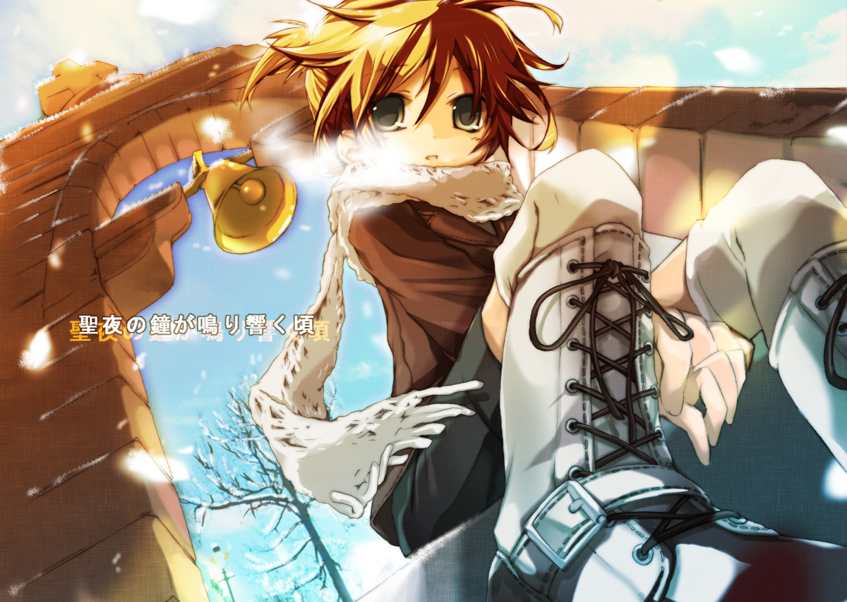 hekicha, kagamine len, vocaloid, 1boy, bell, blonde hair, blue eyes, boots, breath, from below, male focus, nature, outdoors, scarf, shorts, sitting, sky, snow, solo