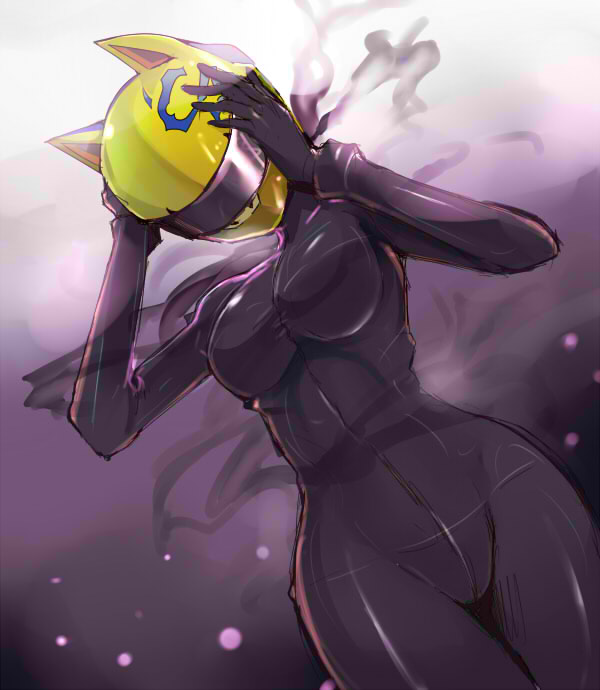 kasai shin, celty sturluson, durarara!!, jpeg artifacts, 1girl, animal ear helmet, animal ears, animal helmet, black bodysuit, bodysuit, cat ears, female focus, helmet, latex, motorcycle helmet, solo