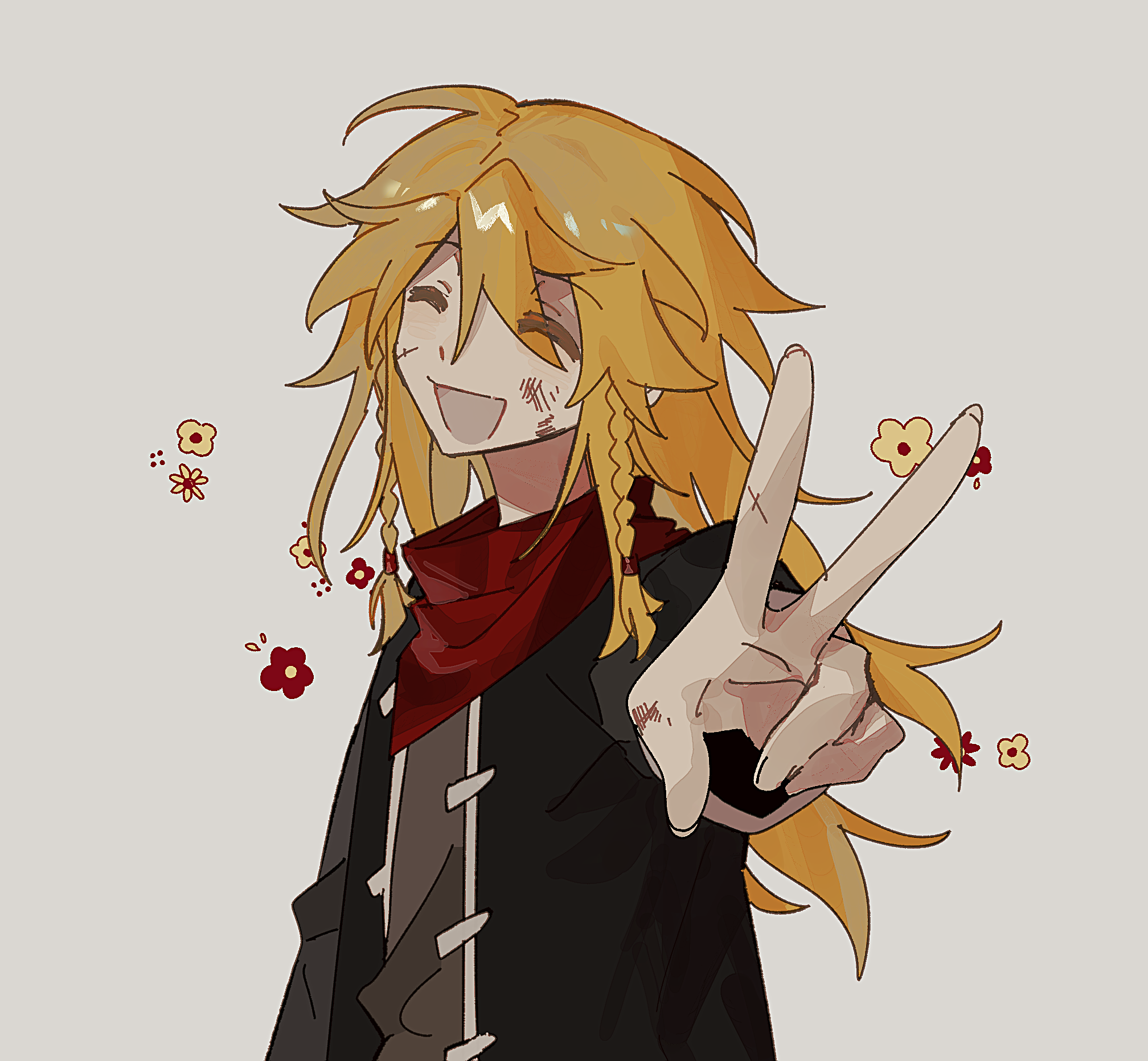 matt (epic battle fantasy), epic battle fantasy, highres, 1boy, :d, ^ ^, anonymous1203, black jacket, blonde hair, braid, brown shirt, bruise, bruise on face, closed eyes, flower, injury, jacket, long hair, male focus, neckerchief, open mouth, red neckerchief, shirt, simple background, smile, twin braids, upper body, v