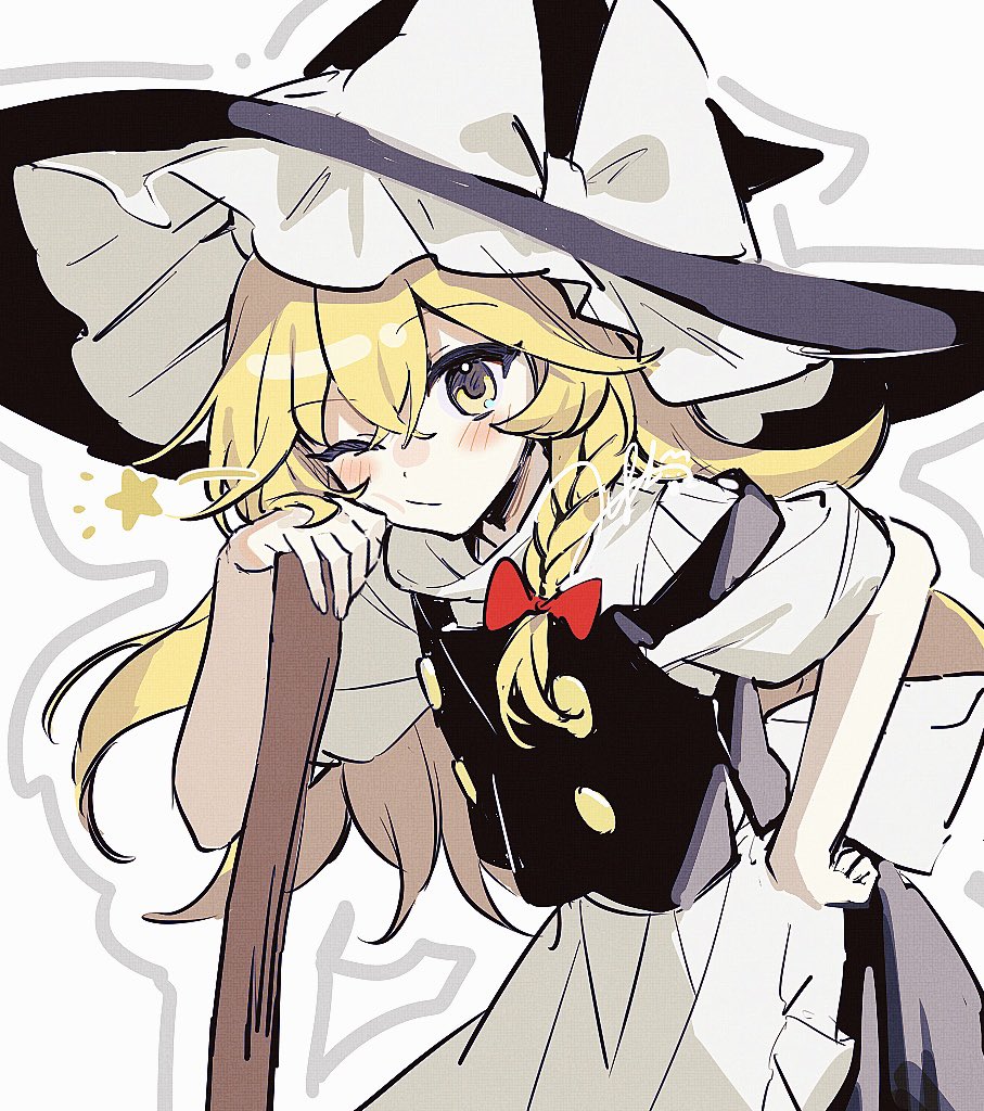 jill 07km, kirisame marisa, touhou, commentary request, 1girl, apron, black hat, black skirt, blonde hair, blush, bow, braid, cowboy shot, hair bow, hat, hat bow, long hair, side braid, signature, single braid, skirt, solo, star (symbol), white apron, white bow, witch hat, yellow eyes