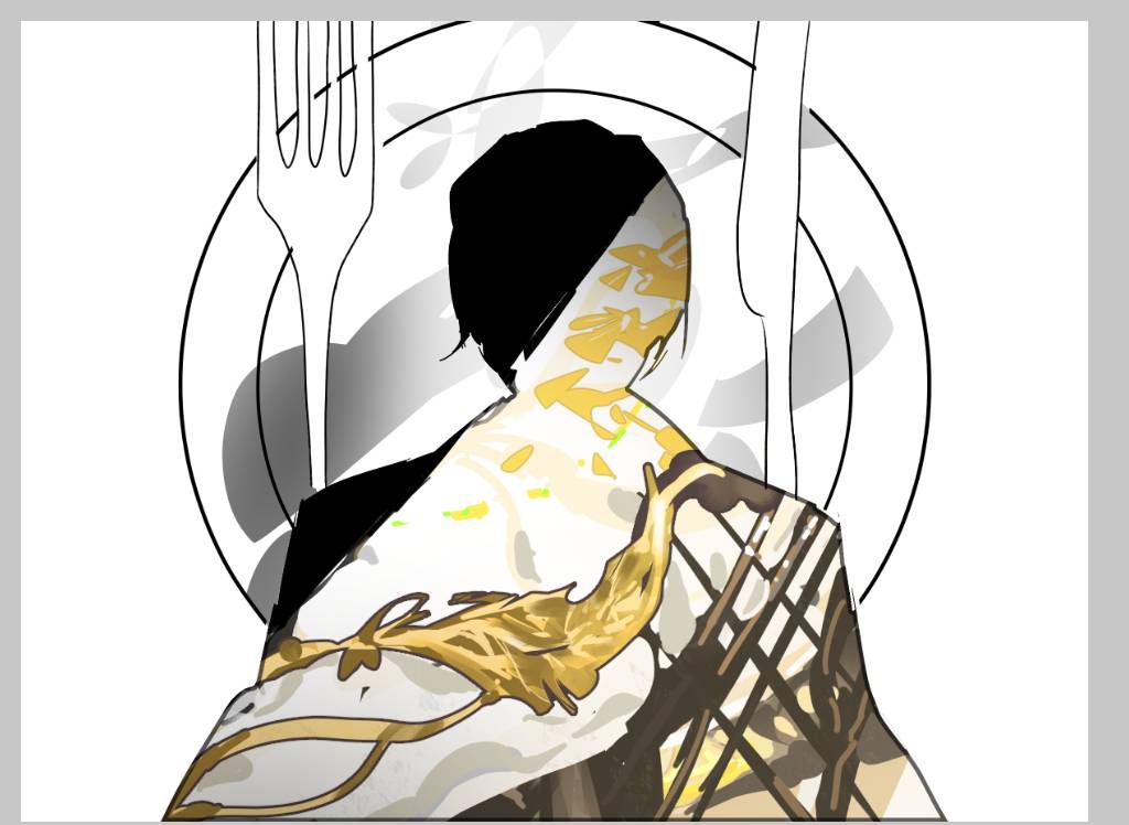 shoggoth (sirens20211), yi sang (project moon), limbus company, project moon, unfinished, 1boy, butter knife, e.g.o (project moon), fork, knife, male focus, petals, plate, silhouette, spicebush (e.g.o), white background, yellow petals