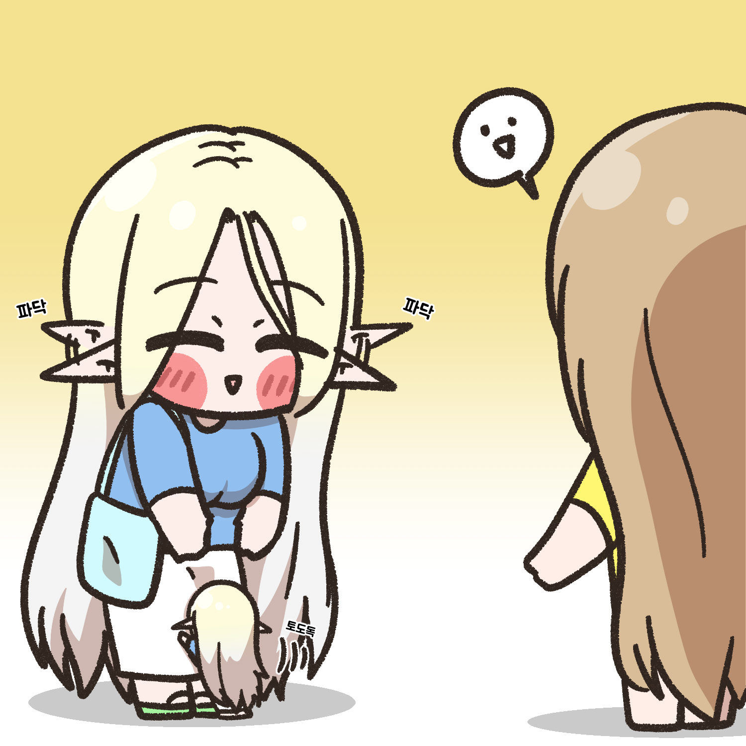 clooliss, cerestia of life, salacia (last origin), last origin, commentary request, highres, korean commentary, 3girls, alternate costume, bag, blonde hair, blue eyes, blush stickers, chibi, ear wiggle, elf, gradient background, handbag, long hair, mini person, minigirl, multiple girls, orange hair, pointy ears, sandals, shirt, skirt, triangle mouth, very long hair