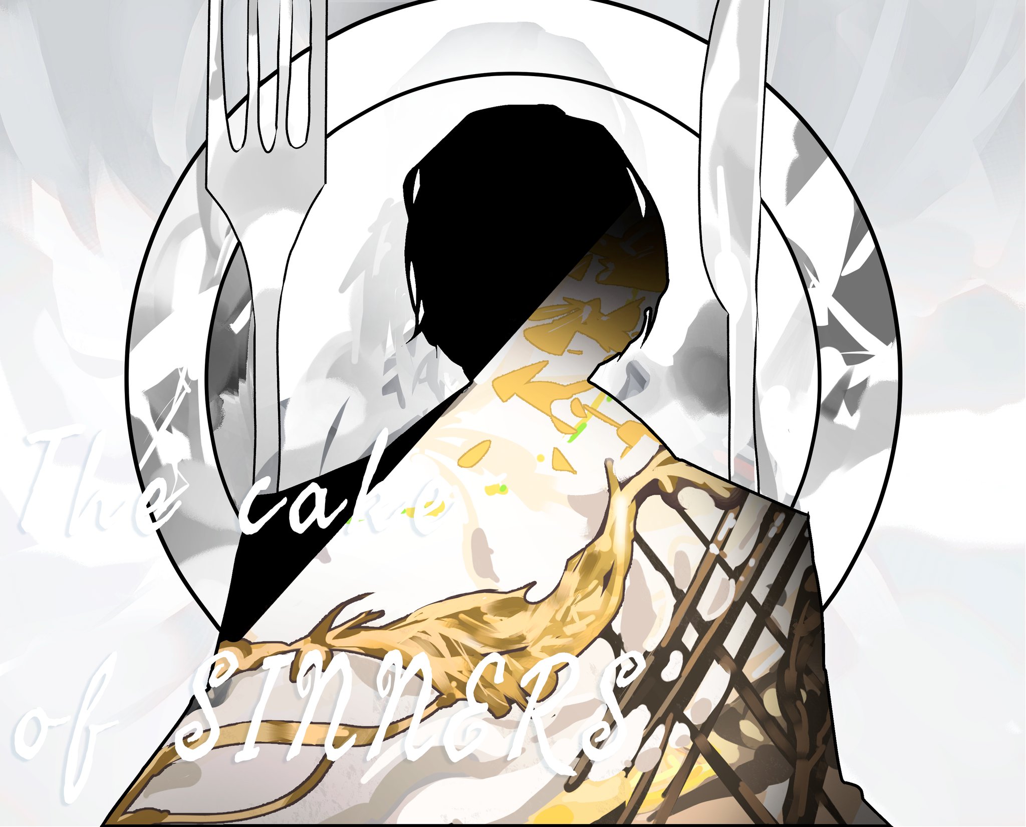 shoggoth (sirens20211), yi sang (project moon), limbus company, project moon, highres, 1boy, butter knife, e.g.o (project moon), english text, fork, knife, male focus, petals, plate, silhouette, spicebush (e.g.o), yellow petals