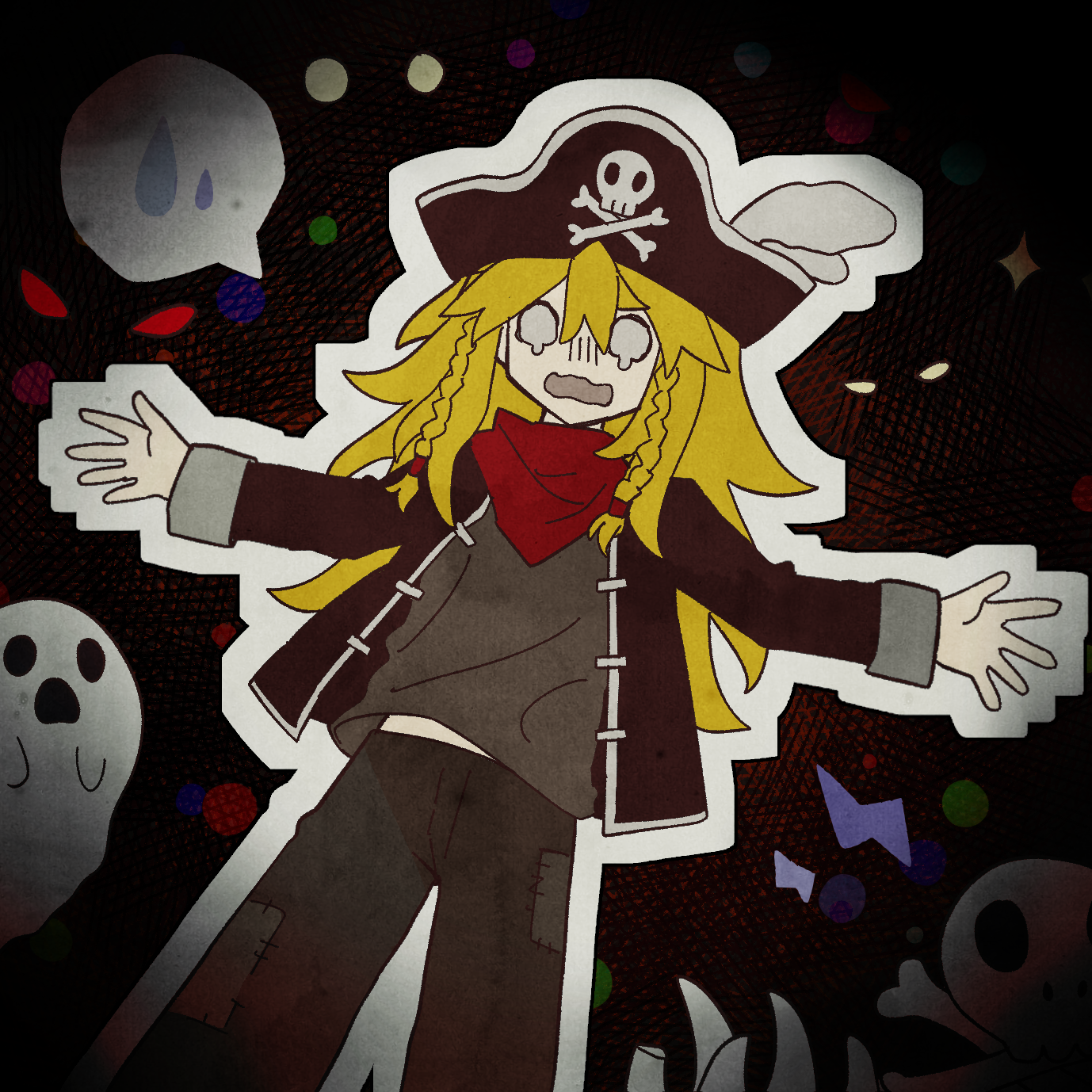 matt (epic battle fantasy), epic battle fantasy, chinese commentary, commentary request, highres, abstract background, anonymous1203, black hat, black jacket, blonde hair, bone, braid, brown pants, brown shirt, empty eyes, ghost, hat, jacket, long hair, male focus, neckerchief, nervous, outline, pants, pirate, pirate hat, red neckerchief, shirt, sweat, twin braids, white outline