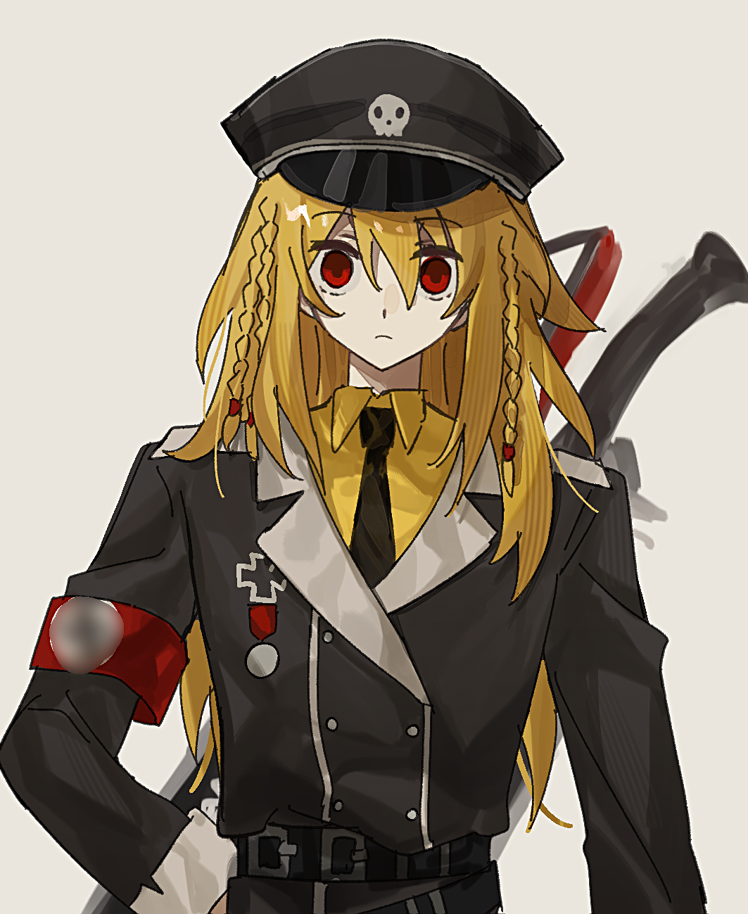 matt (epic battle fantasy), epic battle fantasy, chinese commentary, commentary request, highres, anonymous1203, armband, belt, black belt, black hat, black jacket, black necktie, blonde hair, censored symbol, closed mouth, collared shirt, cross, empty eyes, expressionless, hand on own hip, hat, iron cross, jacket, long hair, long sleeves, looking at viewer, male focus, military dress uniform, military uniform, nazi, necktie, red armband, red eyes, shirt, simple background, solo, straight-on, totenkopf, upper body, weapon, weapon on back, white background, yellow shirt