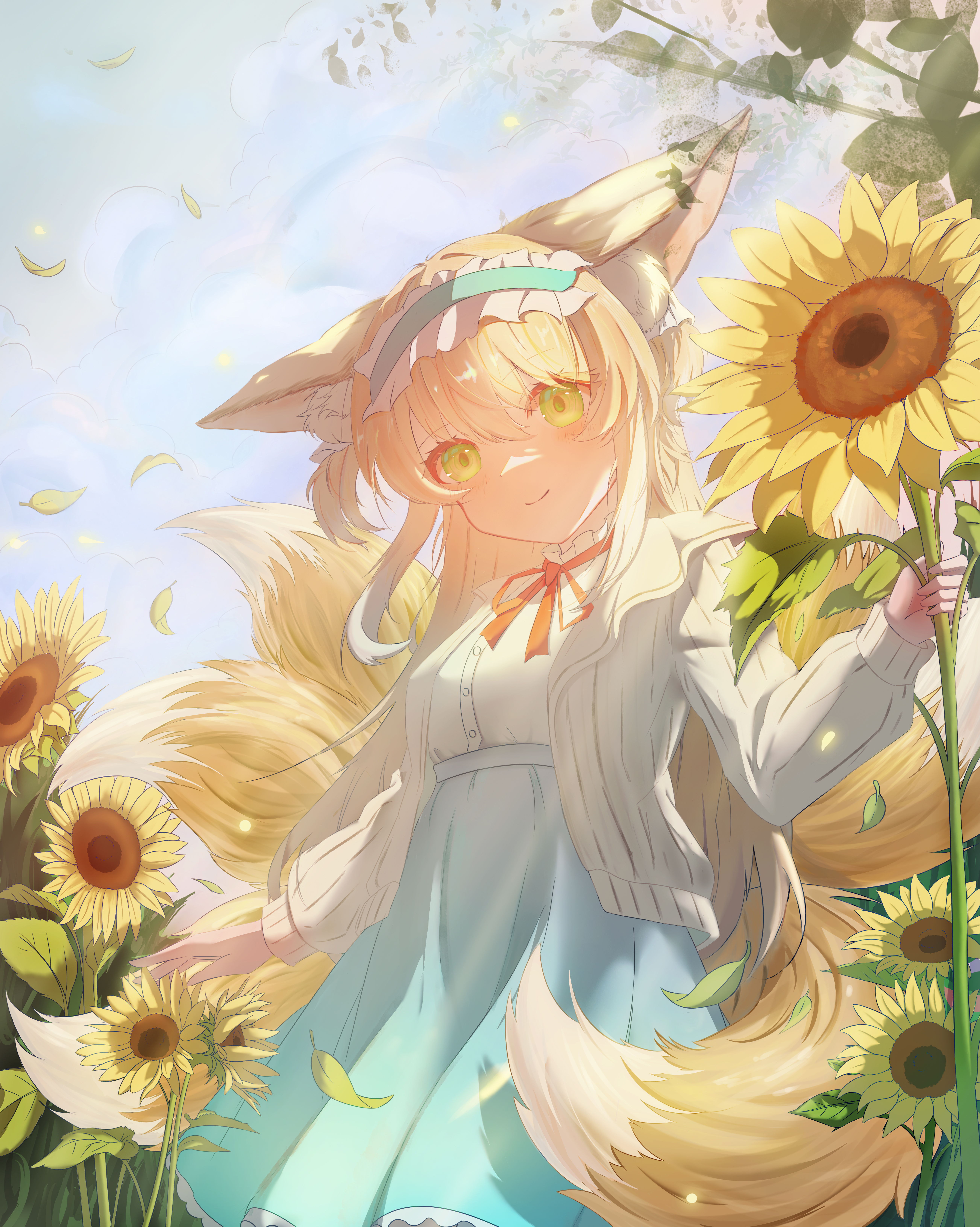 suzuran (arknights), suzuran (spring praise) (arknights), arknights, absurdres, chinese commentary, commentary request, highres, partial commentary, 1girl, animal ear fluff, animal ears, blue hairband, blue skirt, buttons, cardigan, closed mouth, cowboy shot, day, flower, frilled hairband, frills, green eyes, hairband, long sleeves, lotosqian, multiple tails, official alternate costume, open cardigan, open clothes, orange ribbon, outdoors, ribbon, shirt, skirt, smile, solo, standing, sunflower, tail, white cardigan, white shirt, wind, yellow flower