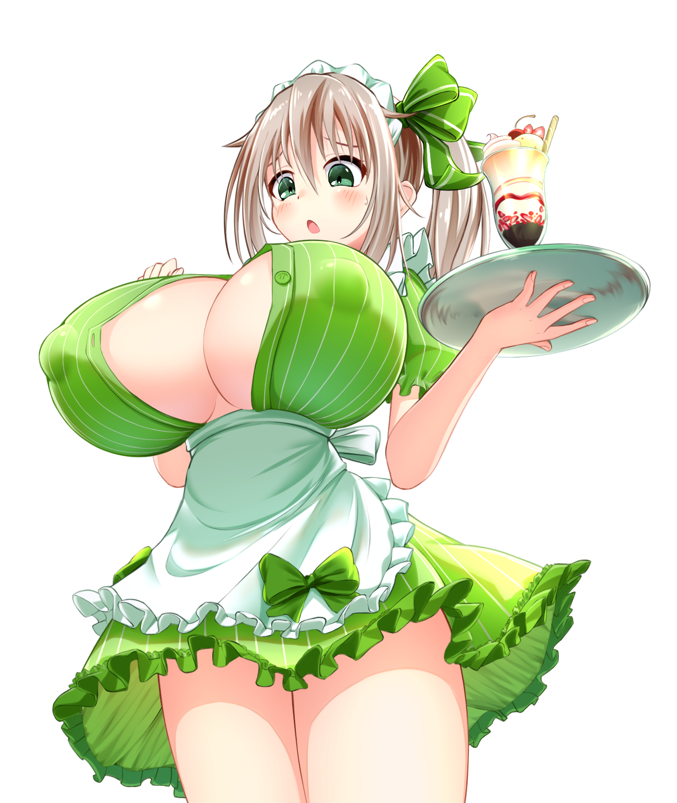 monno, asahina hinata, indie virtual youtuber, commentary, highres, 1girl, apron, blush, breasts, brown hair, buttons, cleavage, covered erect nipples, cowboy shot, dress, embarrassed, food, frilled dress, frills, from below, green dress, green eyes, green ribbon, hair between eyes, hair ribbon, hands up, holding, huge breasts, looking down, maid, maid apron, maid headdress, medium hair, open mouth, oppai loli, ribbon, side ponytail, sidelocks, simple background, solo, sweatdrop, teeth, thighs, tray, upper teeth only, virtual youtuber, wardrobe malfunction, white background
