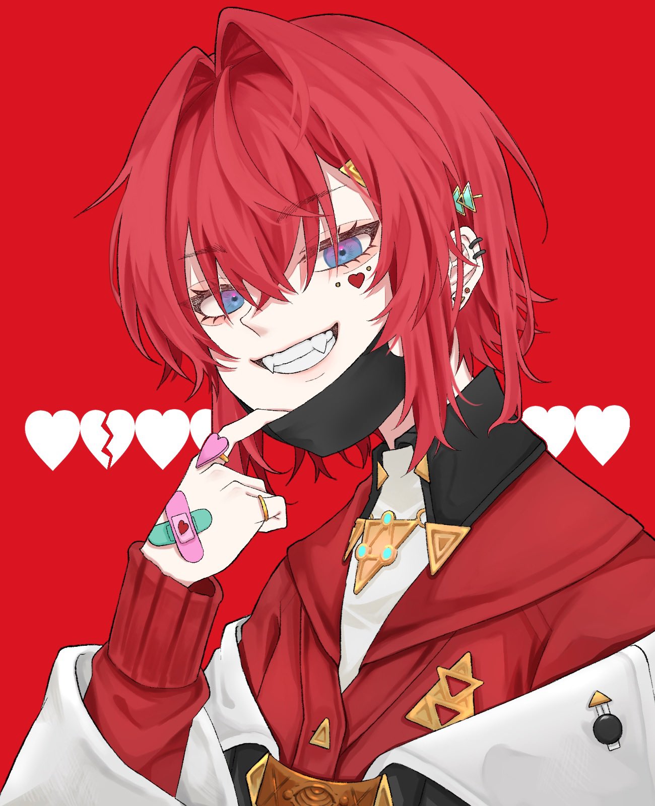 ume aji, ange katrina, ange katrina (1st costume), nijisanji, vampire (vocaloid), heart ring, commentary request, highres, 1girl, bandaid, bandaid on hand, black mask, blue eyes, broken heart, cardigan, crossed bandaids, crossed bangs, ear piercing, earrings, eyelashes, eyeshadow, facial mark, fangs, gold ring, gradient eyes, grin, hair between eyes, hair intakes, hair ornament, hand up, heart, heart facial mark, jewelry, lips, long bangs, long sleeves, looking at viewer, makeup, mask, mask pull, medium hair, mouth mask, multicolored eyes, multiple piercings, multiple rings, off shoulder, piercing, pink eyeshadow, purple eyes, red background, red cardigan, red hair, ring, simple background, smile, solo, stud earrings, triangle hair ornament, upper body, virtual youtuber