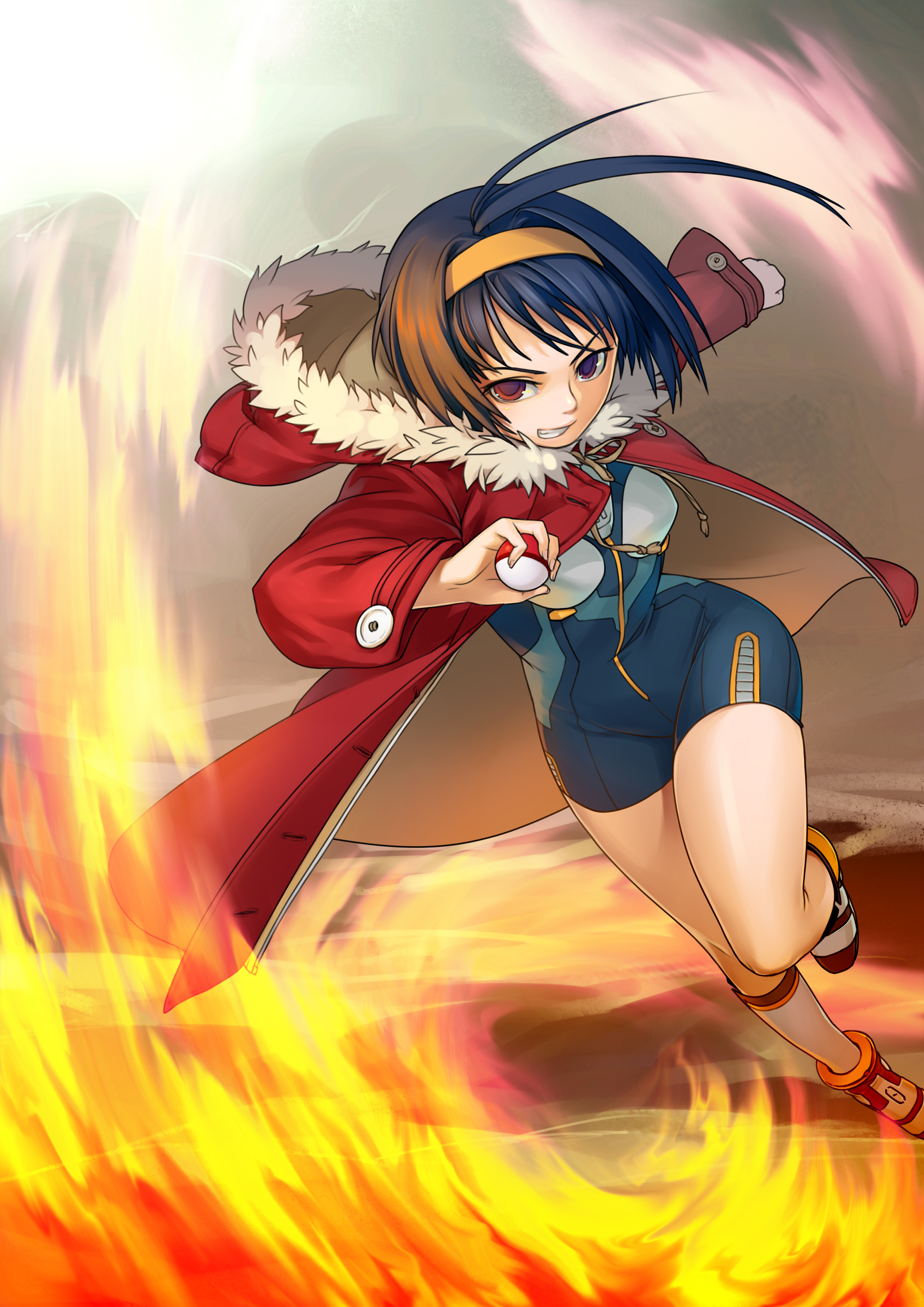 toramaru, nintendo, original, pokemon, absurdres, bad id, bad pixiv id, highres, 1girl, blue hair, female focus, fire, hairband, holding, holding poke ball, hood, hoodie, poke ball, poke ball (basic), red eyes, short hair, solo