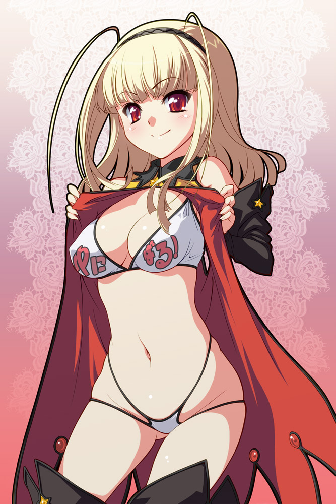 fugetsu taku, arshes (yunibaru!), yunibaru!, bad id, bad pixiv id, 1girl, antenna hair, bikini, blonde hair, boots, cloak, detached sleeves, female focus, hairband, long hair, multi-strapped bikini bottom, navel, open clothes, red eyes, skindentation, smile, solo, swimsuit, thigh boots, thighhighs, white bikini