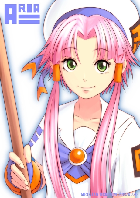 k-suwabe, mizunashi akari, aria (manga), 00s, 1girl, beret, blouse, copyright name, dated, female focus, fingerless gloves, gloves, green eyes, hair tubes, hat, holding, long hair, pink hair, shirt, short hair with long locks, smile, solo, upper body, white shirt