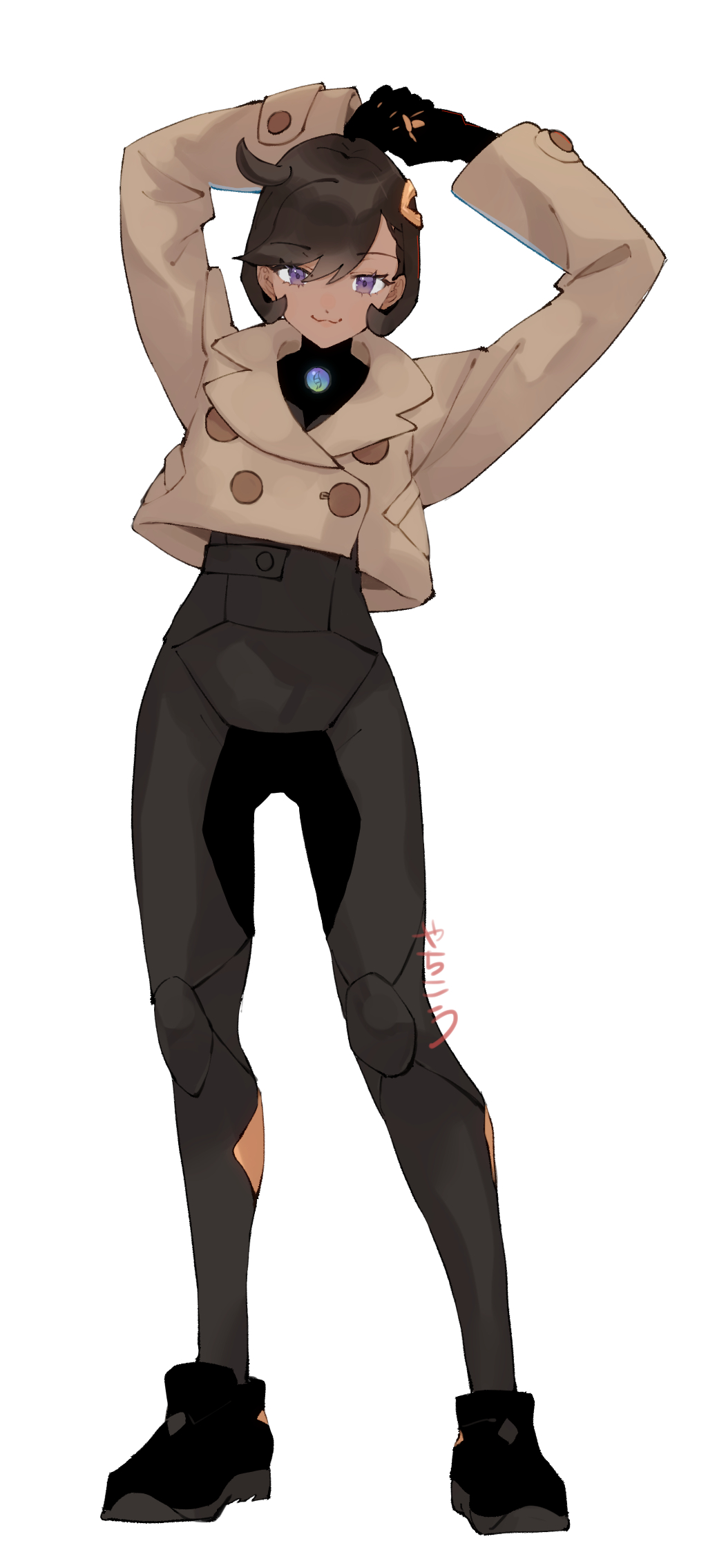 yachimata 1205, emma (pokemon), nintendo, pokemon, pokemon legends: z-a, commentary, highres, 1girl, arms up, black bodysuit, black boots, black gloves, black hair, bodysuit, boots, brown jacket, buttons, cropped jacket, double-breasted, full body, gloves, hair ornament, jacket, looking at viewer, purple eyes, short hair, simple background, smile, solo, standing, white background