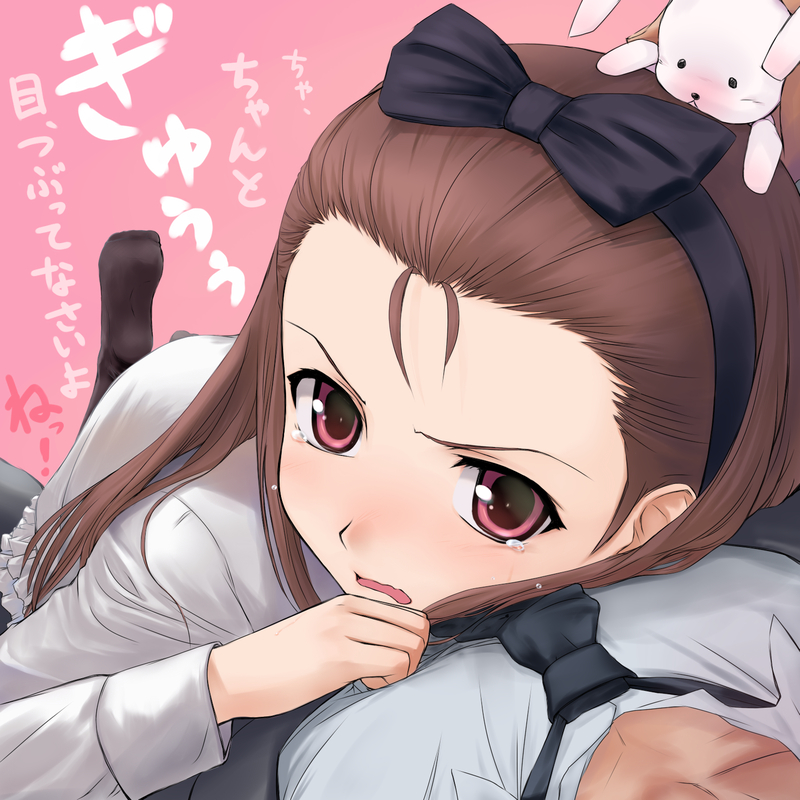 rona, minase iori, producer (idolmaster), idolmaster, idolmaster (classic), 1girl, brown hair, female focus, forehead, hair held back, hair ribbon, long hair, necktie, red eyes, ribbon, solo, tears, thighhighs