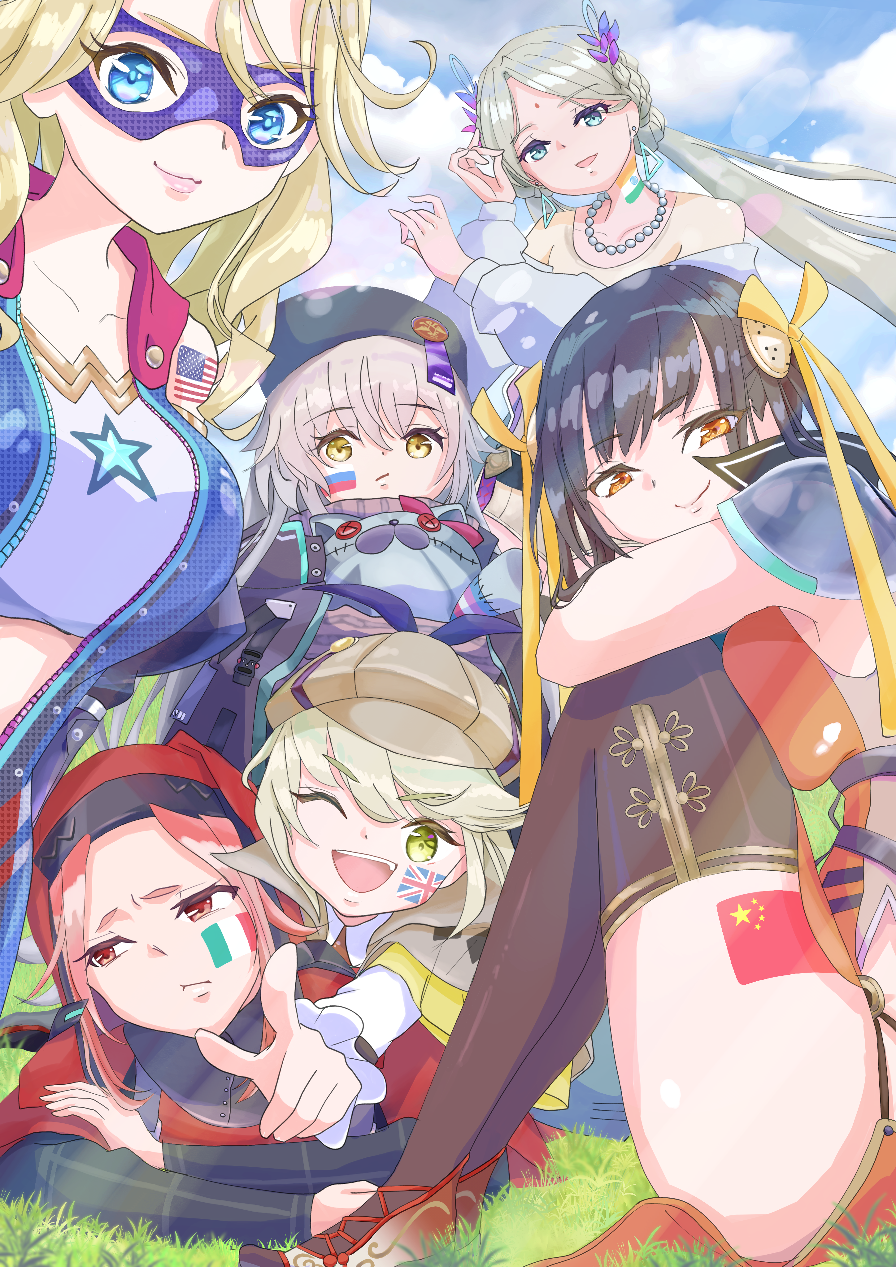 mimizuku, carole reaper, charlotta skopovskaya, irene redmayne, li yingxia, maria de angelis, vritika balakrishnan, heaven burns red, absurdres, highres, 6+girls, american flag, black hair, blonde hair, breast press, brown hair, flag, forehead, grey hair, indian flag, italian flag, long hair, looking at viewer, multiple girls, people's republic of china flag, red eyes, russian flag, team 31x (heaven burns red), thighs, union jack