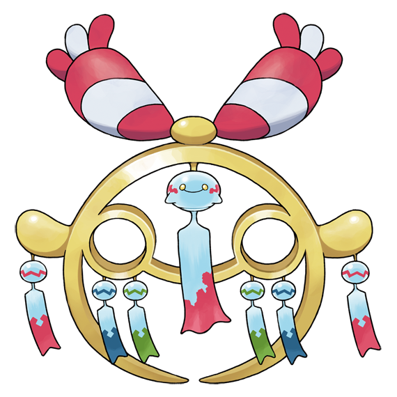 chimecho, mega chimecho, nintendo, pokemon, pokemon legends: z-a, official art, third-party source, bell, closed mouth, colored sclera, colored skin, gen 3 pokemon, mega pokemon, no humans, pokemon (creature), pokemon focus, smile, wind chime, yellow sclera