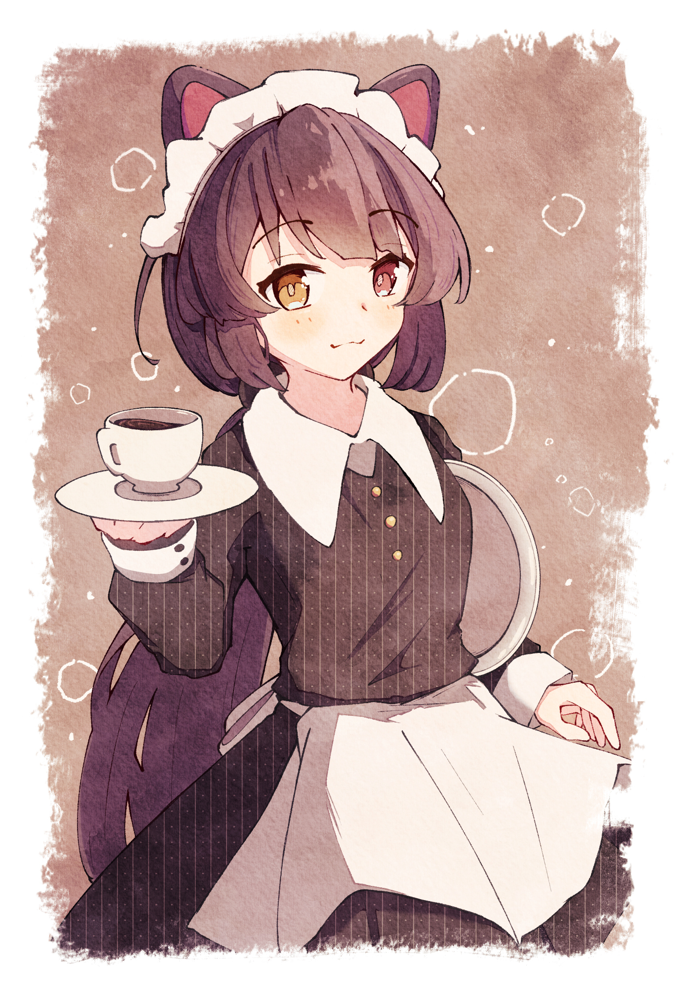 naranoashika, inui toko, nijisanji, commentary request, highres, 1girl, :3, animal ears, apron, armpit hold, black dress, blush, border, brown background, brown hair, closed mouth, coffee, collared dress, contrast collar, cowboy shot, cup, dog ears, dress, hand up, heterochromia, holding, holding cup, holding saucer, holding tray, long hair, long sleeves, looking at viewer, low ponytail, maid headdress, official alternate costume, paper texture, ponytail, red eyes, saucer, sleeve cuffs, smile, solo, teacup, tray, very long hair, virtual youtuber, waist apron, waitress, white apron, white border, white headdress, yellow eyes