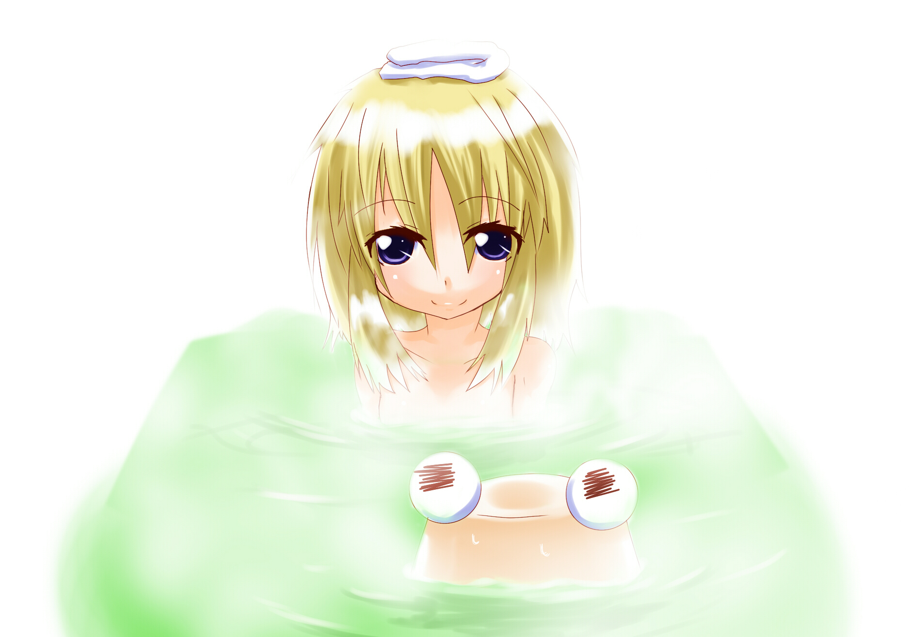 tc (artist), tc (sinyasian), moriya suwako, pyonta, touhou, bad id, bad pixiv id, highres, 1girl, bath, blonde hair, blue eyes, female focus, hat, looking at viewer, nude, smile, solo, white background