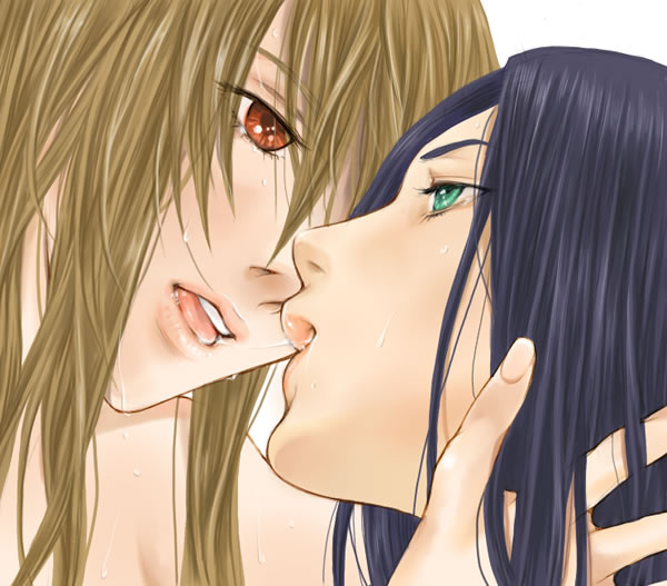 mico3, fujino shizuru, kuga natsuki, natsuki kruger, shizuru viola, my-hime, my-otome, 00s, 2girls, aqua eyes, blonde hair, blue hair, close-up, completely nude, couple, eye contact, green eyes, hair over one eye, kiss, lips, looking at another, multiple girls, nude, open mouth, red eyes, saliva, saliva trail, sweat, sweatdrop, yuri