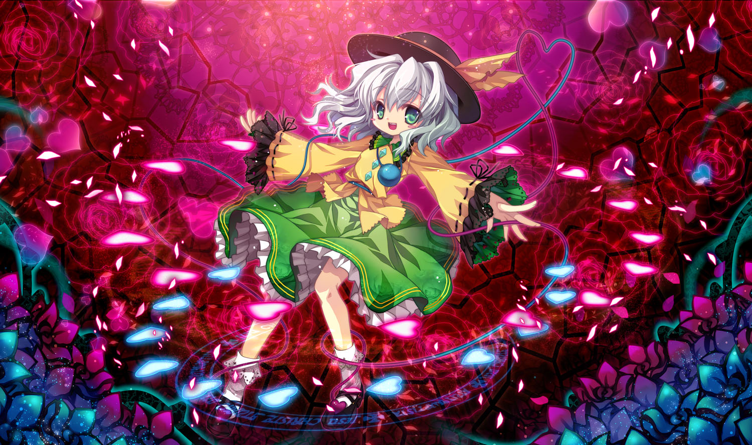 capura lin, komeiji koishi, touhou, silver hair, 1girl, blush stickers, danmaku, female focus, flower, full body, green hair, hat, heart, outstretched arms, petals, short hair, solo, spread arms