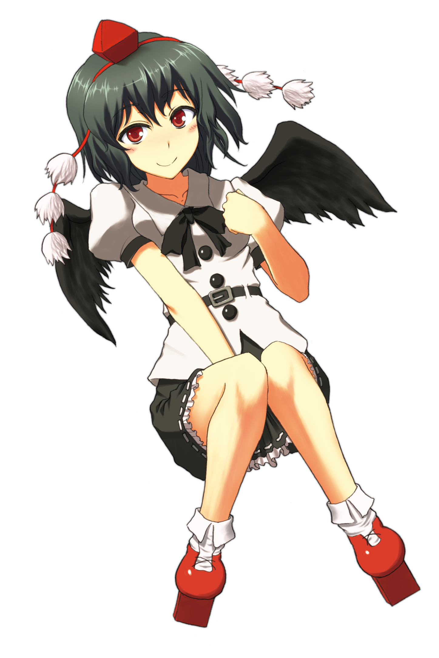 ryuutansai, shameimaru aya, touhou, bad id, bad pixiv id, highres, 1girl, black hair, black wings, female focus, full body, geta, hat, looking at viewer, red eyes, short hair, skirt, solo, tengu-geta, tokin hat, transparent background, wings