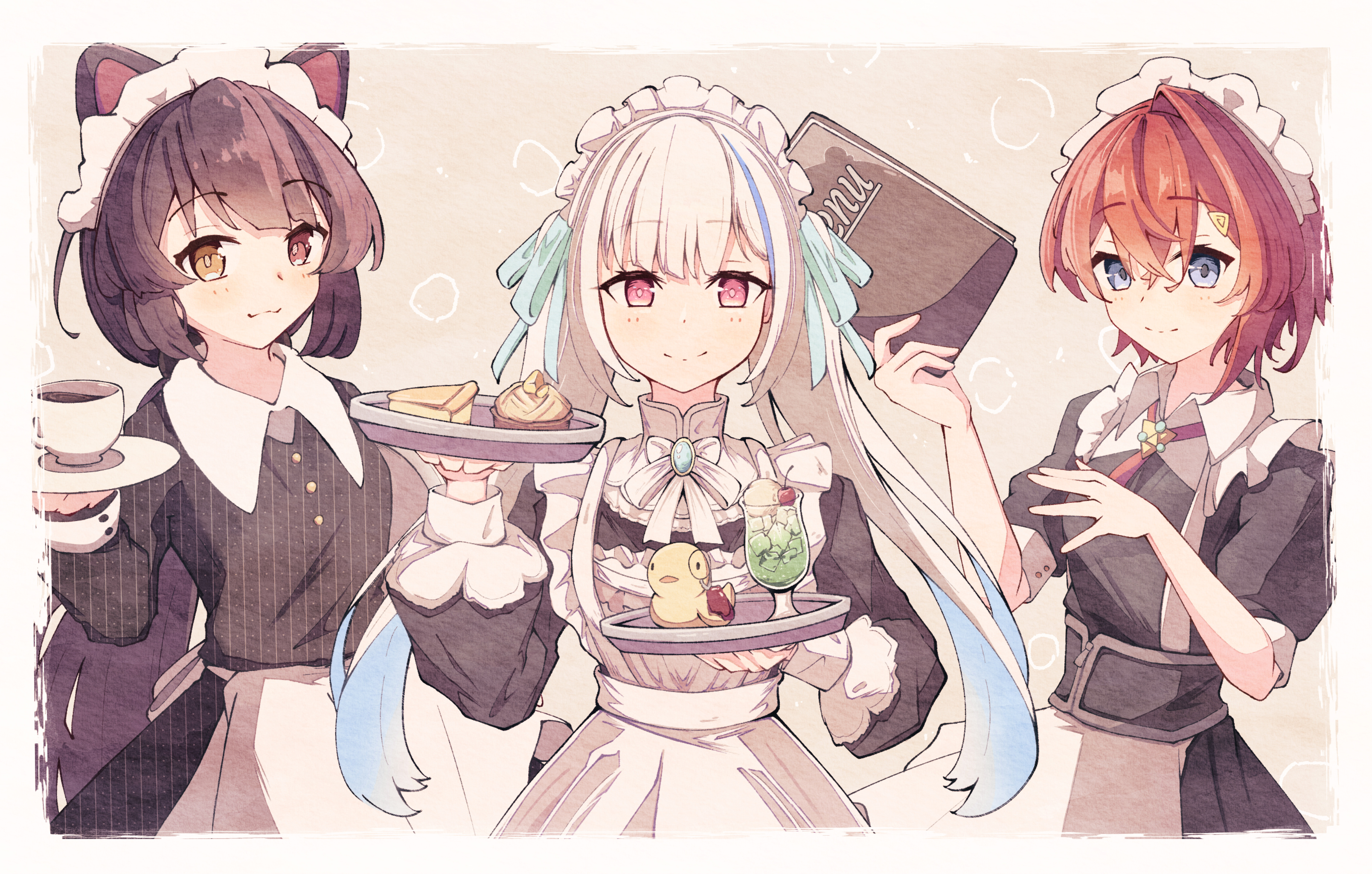 naranoashika, ange katrina, inui toko, lize helesta, lize helesta (9th costume), sanbaka (nijisanji), sebastian piyodore, nijisanji, absurdres, commentary request, highres, 3girls, :3, alternate costume, animal ears, apron, aqua ribbon, armpit hold, black corset, black dress, blue eyes, blue hair, blush, border, brooch, brown background, brown hair, closed mouth, coffee, collared dress, contrast collar, corset, crossed bangs, cup, cupcake, dog ears, dress, food, group picture, hair between eyes, hair ornament, hair ribbon, hand up, hands up, heterochromia, holding, holding cup, holding food, holding menu, holding plate, holding saucer, holding tray, ice cream, ice cream float, jewelry, long hair, long sleeves, looking at viewer, low ponytail, maid, maid apron, maid headdress, melon soda, menu, monocle, multicolored hair, multiple girls, neck ribbon, official alternate costume, paper texture, pie, plate, ponytail, puffy long sleeves, puffy short sleeves, puffy sleeves, red eyes, red hair, red ribbon, ribbon, saucer, short hair, short sleeves, single hair intake, sleeve cuffs, smile, split mouth, straight-on, streaked hair, teacup, tray, triangle hair ornament, twintails, two-tone hair, very long hair, virtual youtuber, waist apron, waitress, white apron, white border, white hair, white headdress, white ribbon, yellow eyes