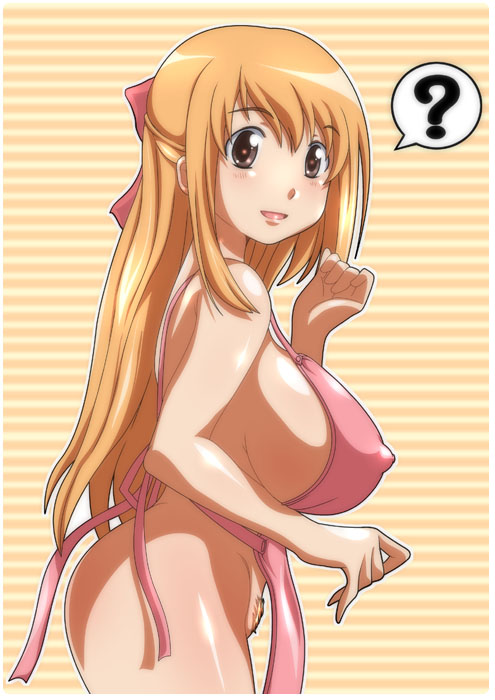 higashiyama (higashiyama honpo l.t.d), yamamoto nanako, hanamaru youchien, 1girl, ?, apron, ass, bare shoulders, breasts, curvy, female focus, female pubic hair, half updo, huge breasts, long hair, naked apron, no bra, no panties, parted lips, pubic hair, sideboob, smile, solo, very long hair