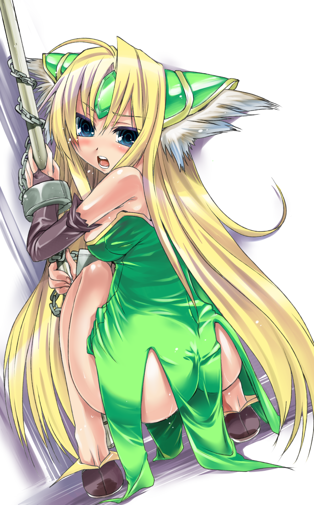 tokita monta, riesz, seiken densetsu, seiken densetsu 3, highres, 1girl, ass, bdsm, blonde hair, blue eyes, bondage, bound, chain, female focus, from behind, long hair, looking at viewer, looking back, open mouth, polearm, solo, spear, squatting, very long hair, weapon