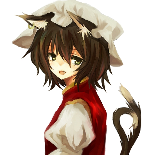 hiharo, chen, touhou, bad id, bad pixiv id, 1girl, animal ears, brown hair, cat ears, cat girl, cat tail, fang, female focus, green eyes, hat, short hair, simple background, solo, tail, white background
