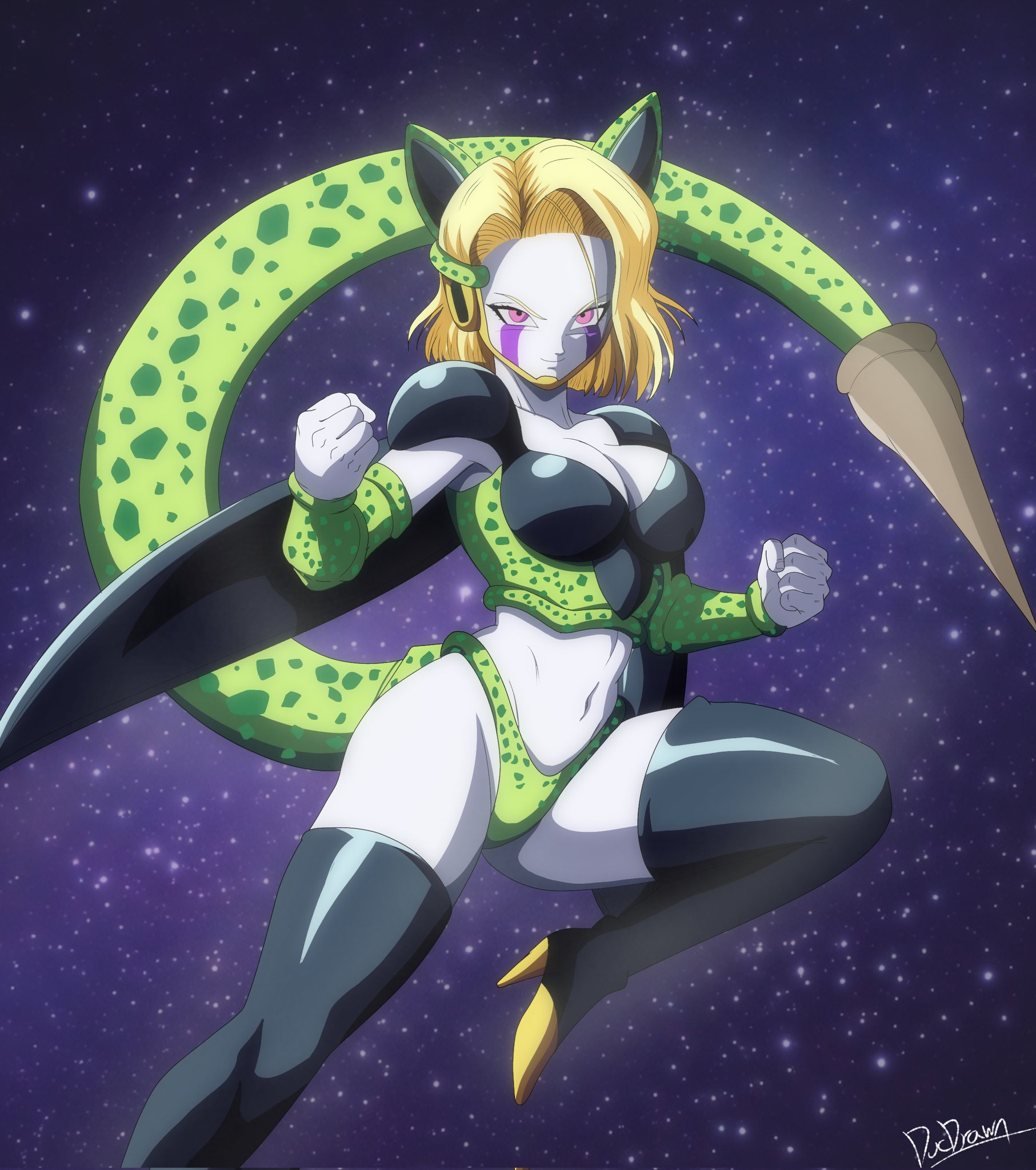 android 18, cell (dragon ball), perfect cell, dragon ball, highres, 1girl, blonde hair, boots, breasts, cleavage, clenched hands, fusion, high heels, juango0122, looking at viewer, midriff, navel, pale skin, panties, pink eyes, short hair, smile, solo, tail, thick thighs, thigh boots, thighs, underwear