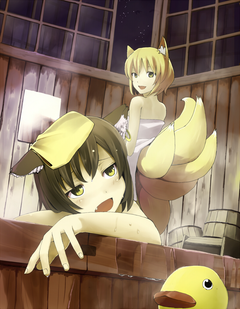 hidebo, chen, yakumo ran, touhou, bad id, bad pixiv id, 2girls, animal ears, bath, blonde hair, brown hair, cat ears, cat girl, earrings, fang, female focus, fox ears, fox tail, from behind, jewelry, multiple girls, multiple tails, naked towel, night, open mouth, rubber duck, same-sex bathing, shared bathing, short hair, sky, tail, towel, wet, yellow eyes