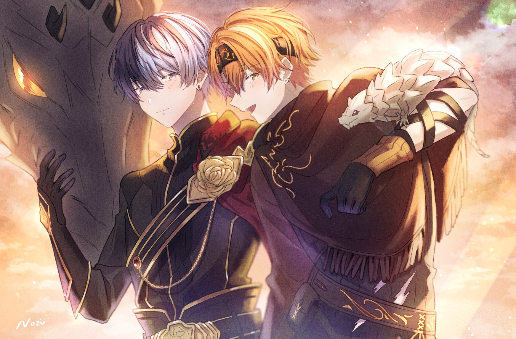 nozu63, aoyagi touya, shinonome akito, project sekai, commentary request, highres, 2boys, artist name, black gloves, blue hair, closed mouth, colorful festival (project sekai), creature, dragon, earrings, flower, gloves, hair between eyes, hand up, headband, jewelry, looking at another, male focus, multicolored hair, multiple boys, never give up cooking! (project sekai), official alternate costume, official alternate hairstyle, open mouth, orange eyes, orange hair, rose, short hair, sideways glance, smile, split-color hair, stud earrings, two-tone hair, upper body