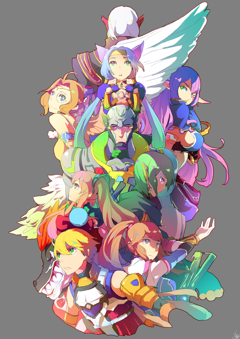 so3fans, arumat p. thanatos, bacchus d-79, edge maverick, faize scheifa beleth, lymle lemuri phi, meracle chamlotte, myuria tionysus, saionji reimi, sarah jerand, star ocean, star ocean: the last hope, 4boys, 4girls, animal ears, blonde hair, blue eyes, blue hair, breasts, brown eyes, brown hair, cat ears, closed eyes, ear covers, earrings, green eyes, green hair, jewelry, long hair, multiple boys, multiple girls, one eye closed, orange hair, pink eyes, pink hair, pointy ears, ponytail, short hair, twintails, white hair, wink