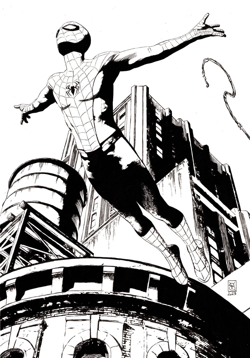 peter parker, spider-man, marvel, spider-man (series), commentary, english commentary, highres, 1boy, 2023, animal print, artist name, bodysuit, cityscape, dated, dynamic pose, greyscale, male focus, mask, monochrome, multicolored bodysuit, print bodysuit, signature, silk, skyline, solo, spider print, spider web, spider web print, superhero costume, two-tone bodysuit, valerio giangiordano, web shooter, western comics (style)
