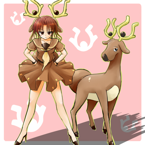 tenjou ryuka, stantler, moemon, nintendo, pokemon, pokemon gsc, costume, lowres, 1990s (style), 1girl, angry, animal, animal ears, antlers, bracelet, brown eyes, brown hair, completely unamused, creature and personification, gen 2 pokemon, hands on own hips, high heels, horns, jewelry, jitome, legs, personification, pokemon (creature), retro artstyle, school uniform, serafuku, shoes, tail, unamused
