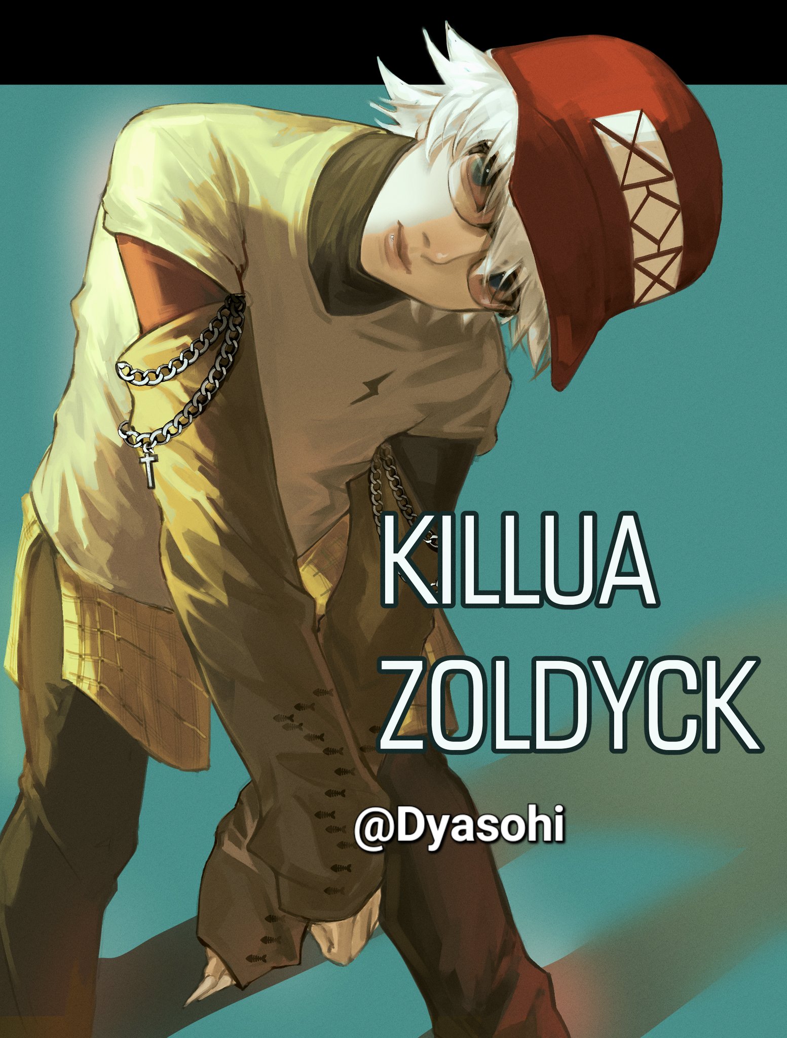 killua zoldyck, hunter x hunter, commentary, english commentary, highres, 1boy, alternate costume, baseball cap, black pants, blue eyes, chain, glasses, hat, kjw2609, lips, male focus, nose, pants, shirt, short hair, solo, twitter username, white hair, white shirt