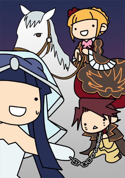 kashiwa kiseri, beatrice (umineko), furudo erika, ushiromiya battler, dawn of the golden witch, umineko no naku koro ni, 1boy, 2girls, animal, black hair, blonde hair, blunt bangs, bow, brown hair, chibi, horse, looking at viewer, multiple girls, pink bow, sidelocks, solid circle eyes, straddling, sweatdrop, upright straddle