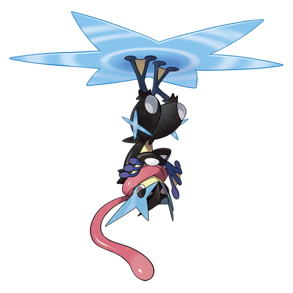 greninja, mega greninja, nintendo, pokemon, pokemon legends: z-a, artist request, official art, second-party source, bright pupils, crossed arms, full body, gen 6 pokemon, half-closed eyes, long tongue, mega pokemon, pink eyes, pokemon (creature), pokemon focus, solo, tongue, tongue out, transparent background, upside-down, very long tongue, white pupils