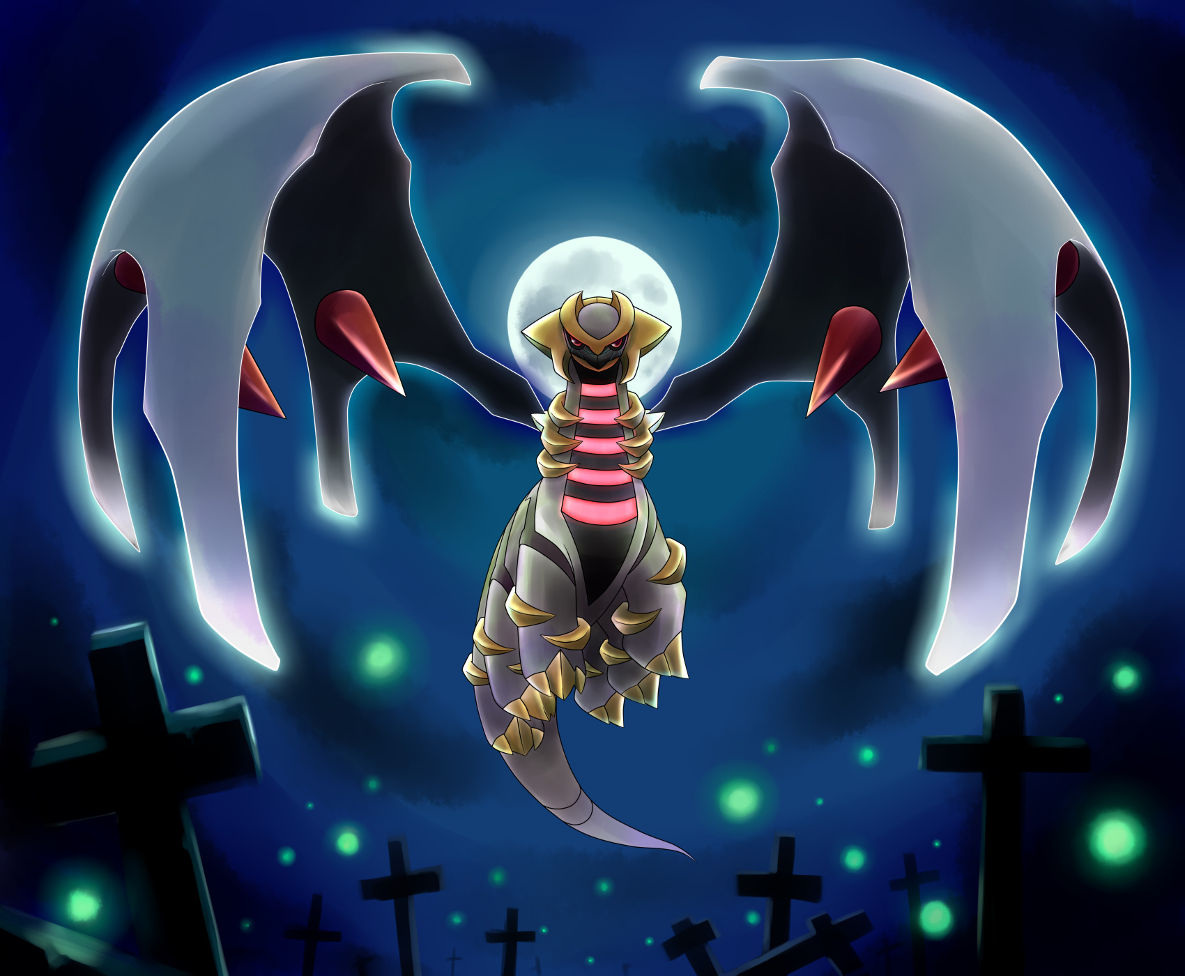 giratina, giratina (altered), nintendo, pokemon, highres, claws, cross, dragon, dragon wings, full body, gen 4 pokemon, graveyard, legendary pokemon, moon, neon lights, night, no humans, pokemon (creature), red eyes, sky, solo, star (symbol), wings