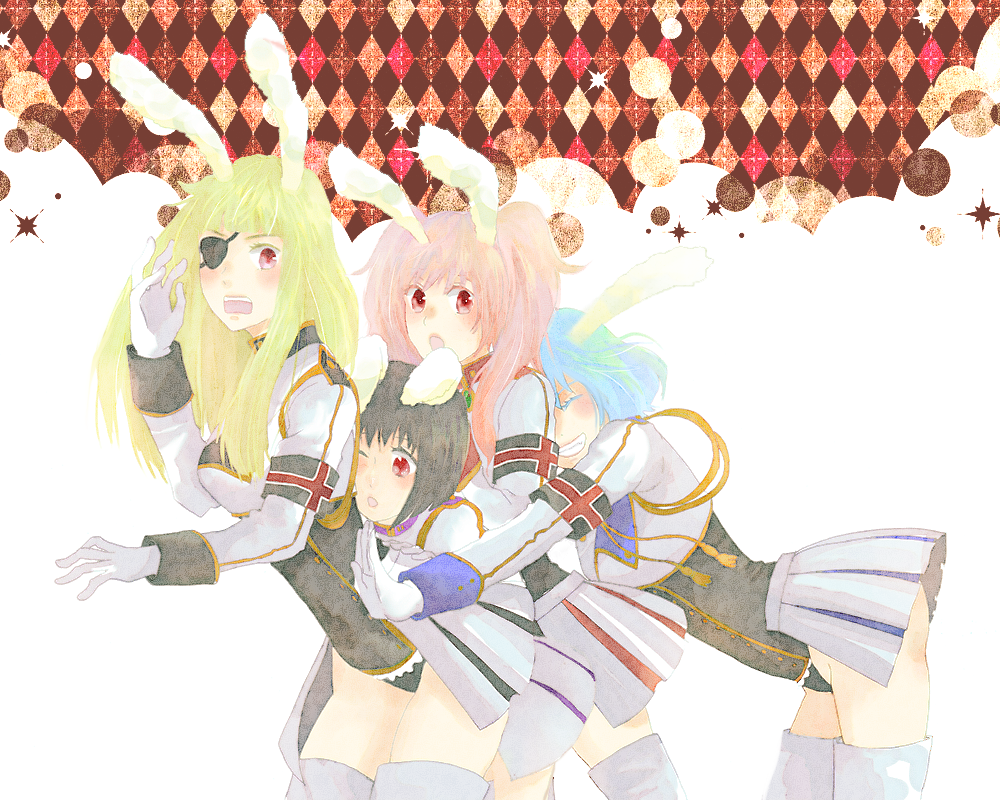 chuna, chiester00, chiester410, chiester45, chiester556, chiester sisters, 07th expansion, no naku koro ni (series), umineko no naku koro ni, bad id, bad pixiv id, 4girls, animal ears, armband, black hair, blonde hair, blue hair, multiple girls, pink hair, rabbit ears, showgirl skirt, skirt, thighhighs