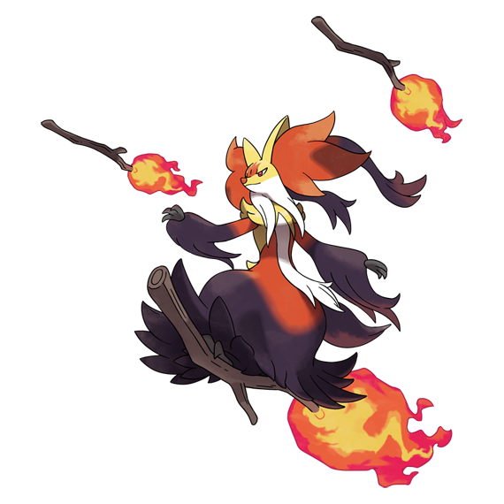 delphox, mega delphox, nintendo, pokemon, pokemon legends: z-a, artist request, official art, second-party source, closed mouth, fire, full body, gen 6 pokemon, mega pokemon, orange eyes, pokemon (creature), pokemon focus, riding, solo, stick, transparent background