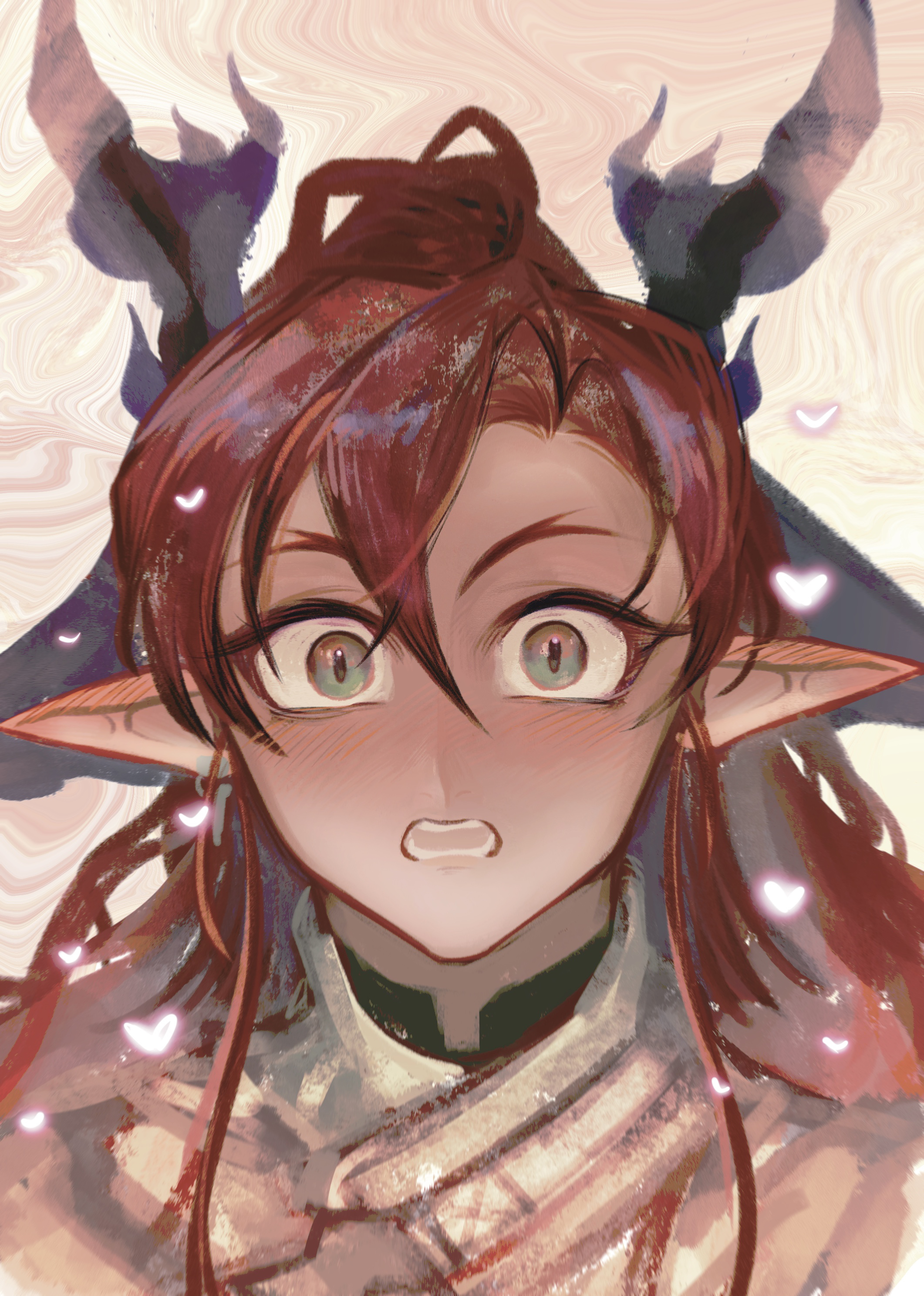 babu don (don 10 13), yu (arknights), arknights, absurdres, commentary request, highres, 1boy, asymmetrical bangs, blush, dragon boy, dragon horns, green eyes, hair between eyes, heart, horns, long hair, looking at viewer, multiple horns, open mouth, pointy ears, portrait, red hair, solo, surprised, teeth, wide-eyed