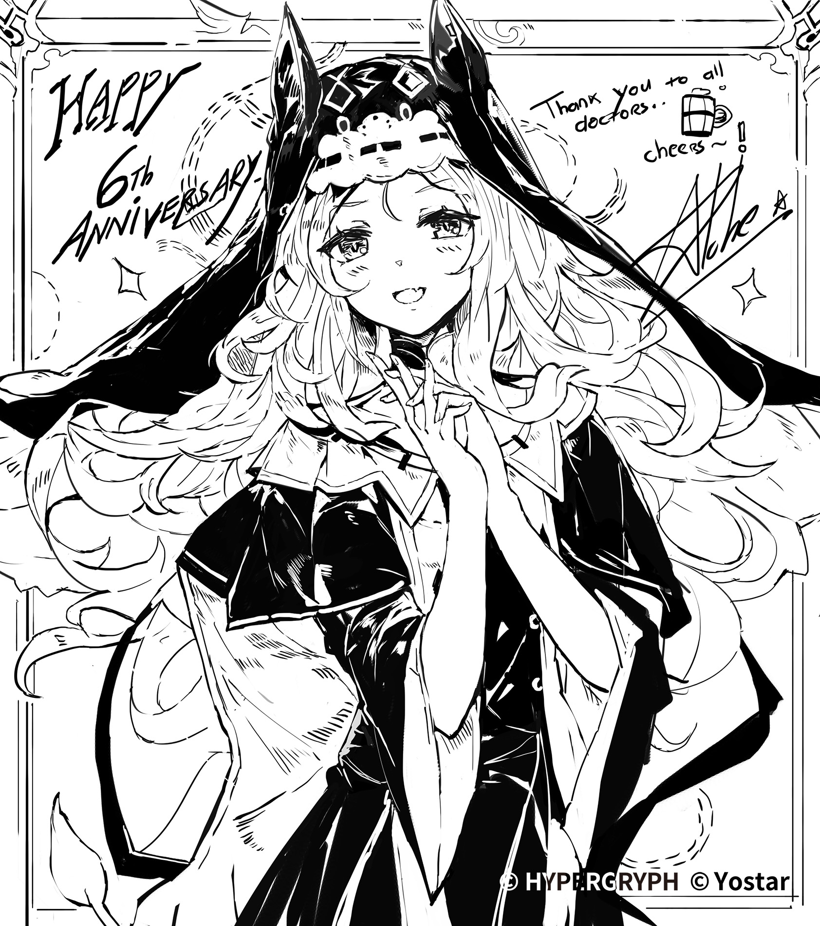 alchemaniac, archetto (arknights), archetto (glory of the devout) (arknights), arknights, yostar, highres, 1girl, black dress, dress, fang, happy birthday, hypergryph, long hair, long sidelocks, looking at viewer, monochrome, nun, nun headdress, open mouth, own hands clasped, own hands together, sidelocks, solo