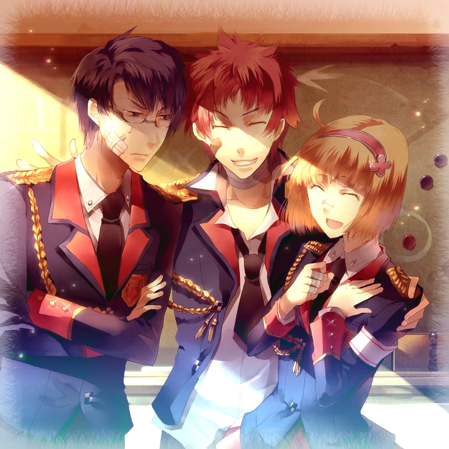 sunakumo, avan hardins, cosette coalhearth, zeri (senjou no valkyria), senjou no valkyria, senjou no valkyria (series), senjou no valkyria 2, light, 00s, 1girl, 2boys, bandages, black hair, blonde hair, blue hair, chalkboard, closed eyes, crossed arms, glasses, hairband, military, military uniform, multiple boys, necktie, open mouth, red hair, short hair, smile