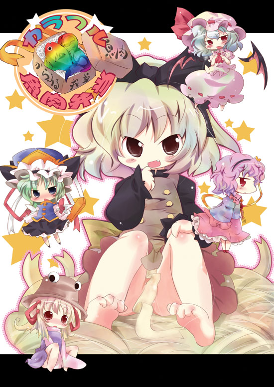 muuba, komeiji satori, kurodani yamame, moriya suwako, remilia scarlet, shiki eiki, touhou, 5girls, barefoot, bat wings, blush stickers, bow, buttons, chibi, child, dress, fang, feet, female focus, foot focus, full body, grey hair, hair bow, hat, multiple girls, open mouth, sitting, star (symbol), toes, upskirt, white background, wings