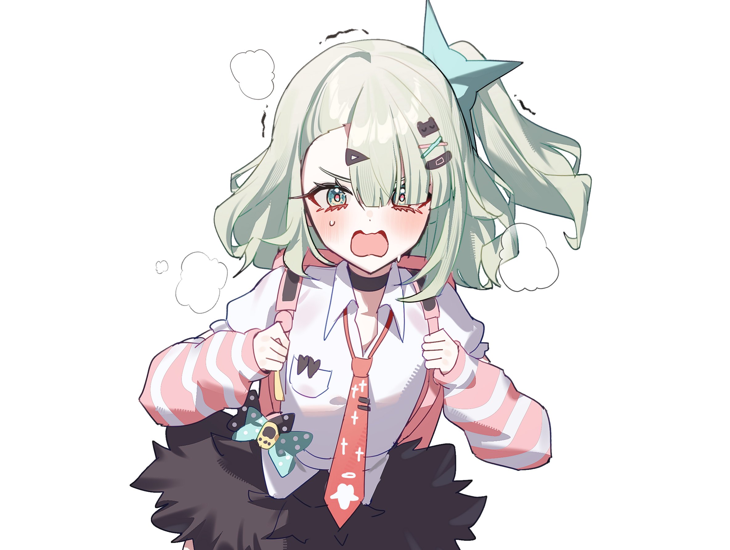 taiyaki12, chinatsu remiel, zenless zone zero, hashtag-only commentary, highres, 1girl, bandaid, bandaid hair ornament, black skirt, blush, collar, fur-trimmed skirt, fur trim, green hair, hair ornament, looking at viewer, multiple hair clips, necktie, open mouth, pink arm warmers, pink bag, ponytail, red necktie, shirt, simple background, skirt, solo, steam, striped arm warmers, sweat, triangle hair ornament, upper body, v-shaped eyebrows, white background, white shirt