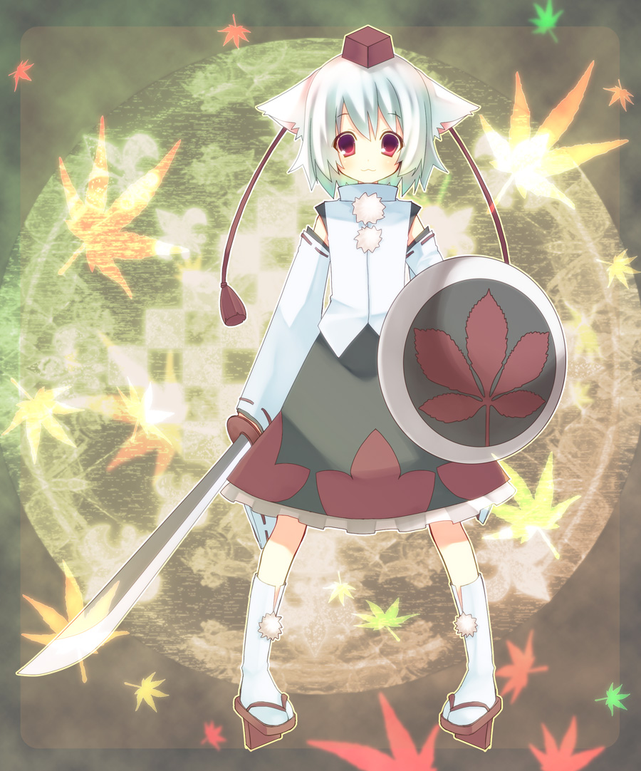 tahya, inubashiri momiji, touhou, bad id, bad pixiv id, 1girl, animal ears, detached sleeves, dog ears, female focus, geta, hat, looking at viewer, red eyes, shield, short hair, solo, standing, sword, tareme, tengu-geta, tokin hat, weapon, white hair, wolf ears