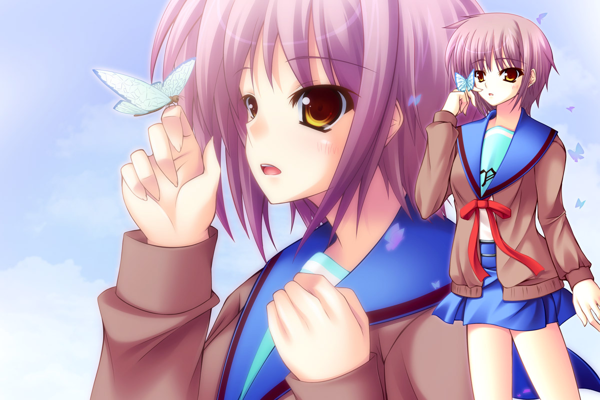 aoi ichigo, nagato yuki, suzumiya haruhi no yuuutsu, brown eyes, bug, butterfly, cardigan, insect, purple hair, school uniform, serafuku, short hair, solo, zoom layer
