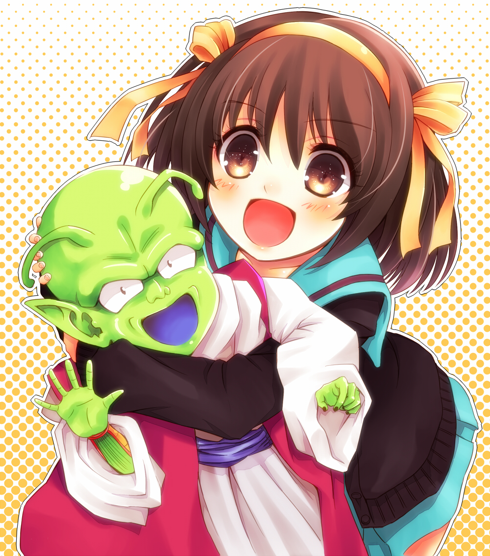 taoru, tarow, dende, hirano aya, suzumiya haruhi, dragon ball, dragon ball kai, dragonball z, suzumiya haruhi no yuuutsu, bad id, bad pixiv id, 1girl, alien, brown eyes, brown hair, cardigan, colored skin, crossover, green skin, hair ribbon, hairband, halftone, halftone background, happy, hug, hug from behind, looking at viewer, outline, pointy ears, ribbon, sailor collar, school uniform, serafuku, smile, voice actor connection, white outline