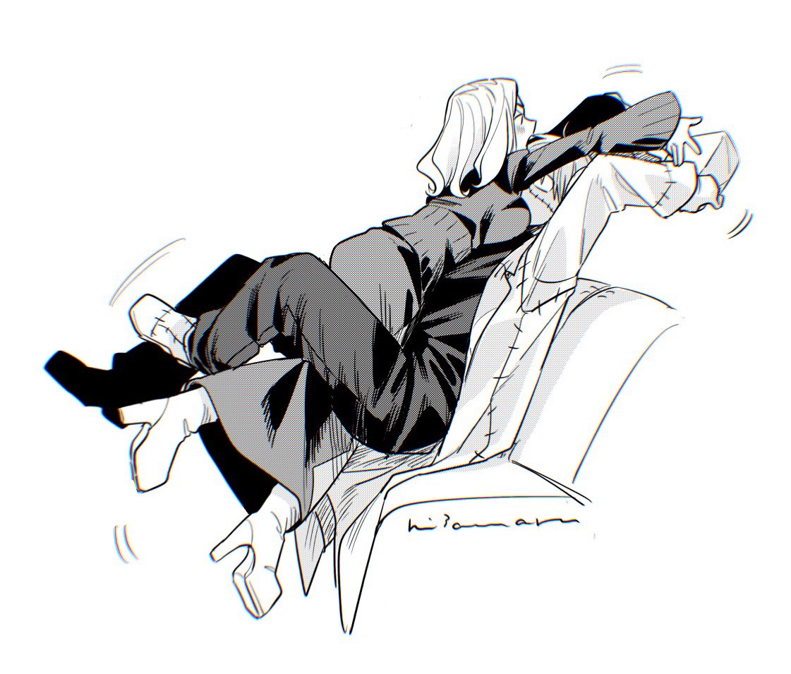 hissiu, franken stein (soul eater), marie mjolnir, soul eater, commentary request, 1boy, 1girl, boots, breasts, coat, couch, dress, face to breasts, girl on top, greyscale, hetero, high heel boots, high heels, holding, long sleeves, monochrome, pants, simple background, sitting, white background